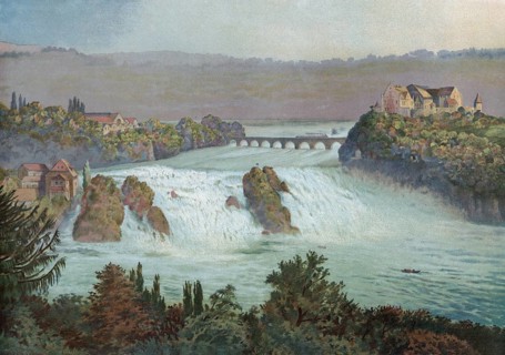 Rhine Falls in Schaffhausen, Rhine, Switzerland, authentic reproduction of a school mural,