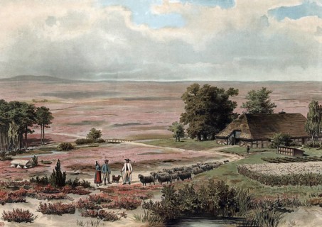Shepherd in the LÃ¼neburger Heide, Lower Saxony, Germany, authentic reproduction of a school mural,