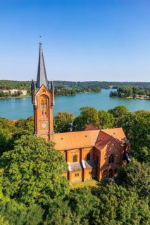 Aerial view, drone photo: City church and house lake in Feldberg, Feldberger Seenlandschaft,