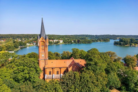 Aerial view, drone photo: City church and house lake in Feldberg, Feldberger Seenlandschaft,