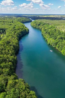 Aerial view, drone photo: Lake Schmaler Luzin, Hullerbusch Nature Reserve, Carwitz and Feldberg,
