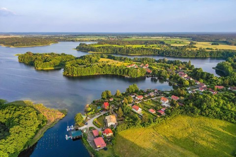 Aerial view, drone photo: Carwitz village on Lake Carwitz, Feldberg Lake District, Mecklenburg Lake