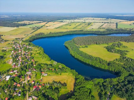 Aerial view, drone photo: village of Carwitz am See Schmaler Luzin, Hullerbusch Nature Reserve,