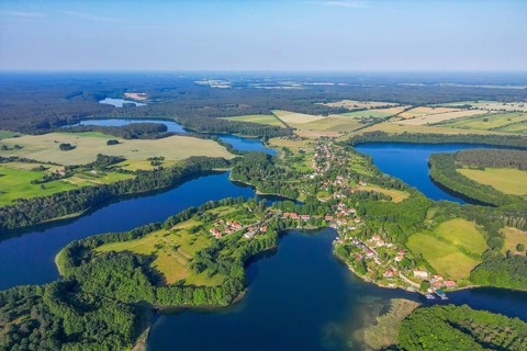 Aerial view, drone photo: Carwitz village between Lake Carwitz, Dreetzsee and Schmaler Luzin