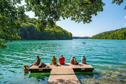 People on a boat dock and in turquoise blue water, Schmaler Luzin Lake, Feldberg Lake District,