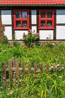 Farmhouse with blooming garden, Carwitz, Feldberg Lake District, Mecklenburg Lake District in