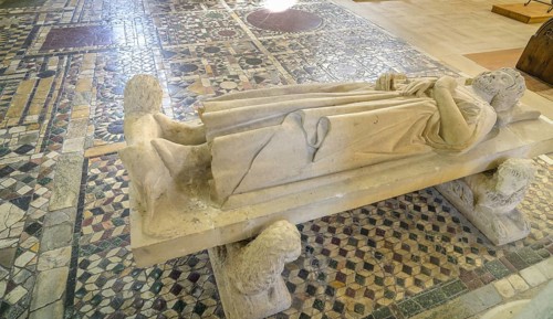 Tomb slab of Philip I and marble floor in opus sectile technique (Latin cut work), Abbey of Fleury,