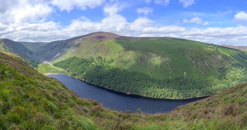 View of Upper Lake and Miners Village, Wicklow Mountains National Park, Glendalough, Brockagh,