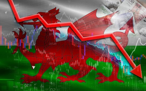 Wales financial fall on economy market. Welsh financial crisis on economic graph