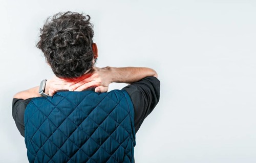 Concept of people with stress and neck pain. Close up of person with neck pain