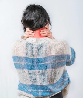 Close up female with neck pain. Woman in pain holding her neck isolated. Suffering woman with