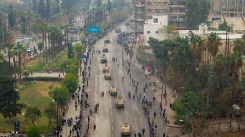 Aleppo, Syria â€“ December 08, 2025: Aerial shots capture the Syrian Army and Public Security