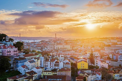 View of Lisbon famous view from Miradouro da Senhora do Monte tourist viewpoint of Carmo Convent