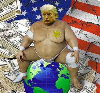 Symbolic image, sumo wrestler Donald sits in the world, USA for Trump self-service shop, Trump