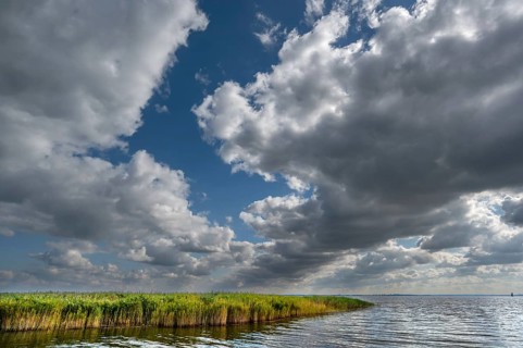 Rain clouds (Nimbostratus) over the Bodden, Ahrenshoop, DarÃŸ, Mecklenburg-Vorpommern, Germany