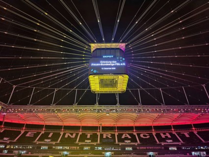 The Frankfurt Waldstadion (Deutsche Bank Park) is illuminated in red to mark the founding of the