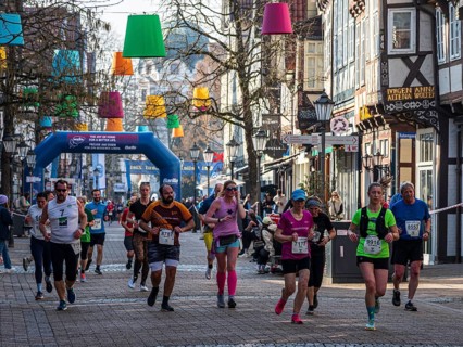 Running event 'Wasalauf', downtown Celle, along half-timbered houses, Celle, Germany