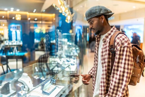 Young black man wearing a plaid shirt and cap intently looking at a display case filled with