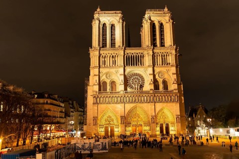 Notre dame cathedral stands illuminated, showing its prominent gothic architecture and intricate