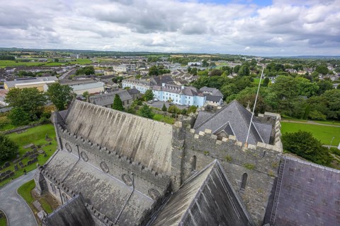 View of the cathedral roof and town from the round tower, St. Canice's Cathedral, Kilkenny, County