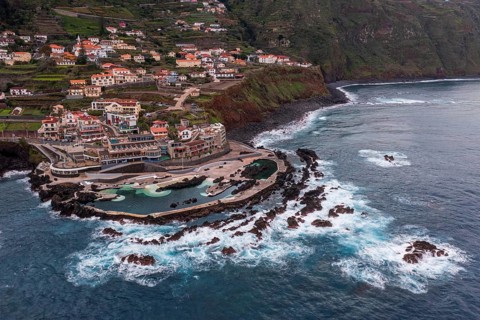 Aerial view, natural swimming pools, natural swimming pools in volcanic rock, lava pools, natural