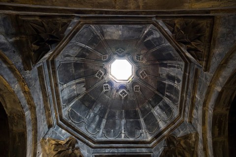 Interior view of a stone dome with vaulted ceilings and central lighting, Haghpat monastery,