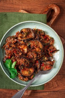 Meat with eggplant, Georgian dish, homemade, no people