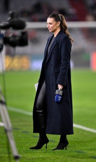 DAZN presenter Laura Wontorra with microphone, logo, Champions League, Allianz Arena, Munich,
