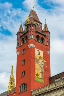 Exterior view with tower of the Red Town Hall, Market Square, Basel