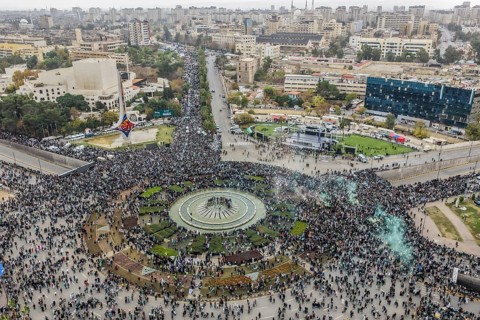 Damascus, Syria â€“ December 08, 2025: A drone view shows thousands of people gathering in the