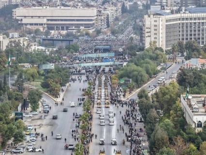 Damascus, Syria â€“ December 08, 2025: Top view of a military parade by Syrian army units marking