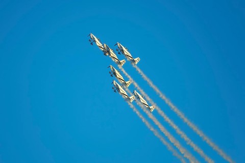Stunt aerobatic planes performing stunts in blue sky with smoke trail. Concept of teamwork,