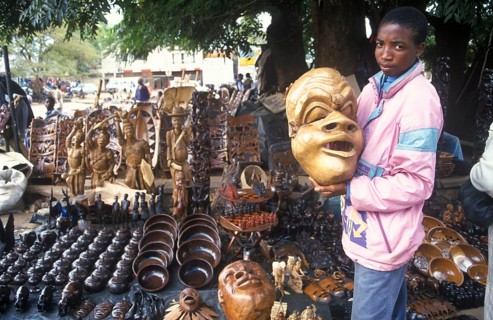 Artist, woodcarving stand at Lilongwe market, Malawi, Africa, June 2000, vintage, retro, old,