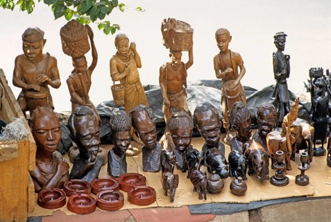 Carvings, wood carving stand at Lilongwe market, Malawi, Africa, June 2000, vintage, retro, old,