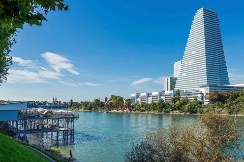 Basel Rheinbad with a view of the Roche Tower, Rhine, Basel