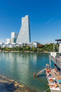 Basel Rheinbad with a view of the Roche Tower, Rhine, Basel