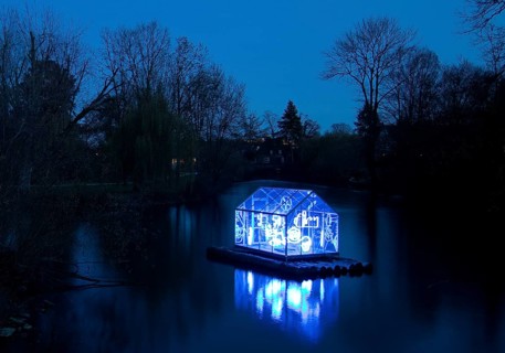 The river Lippe with the artwork Arche by Christoph Hildebrand at night, Lichtpromenade Lippstadt,