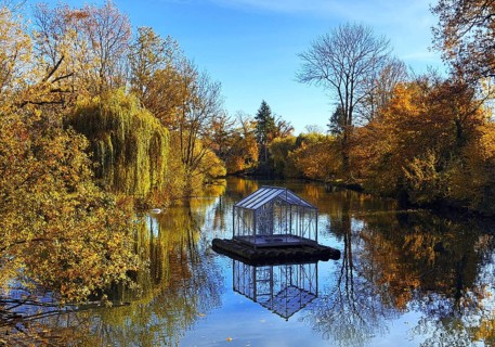 The river Lippe in GrÃ¼nen Winkel with the artwork Arche by Christoph Hildebrand, Lichtpromenade