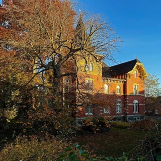 Villa-like house with garden in autumn, Lippstadt, North Rhine-Westphalia, Germany