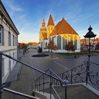 Great St. Mary's Church seen from City Hall at sunrise, Rathausplatz, Lippstadt, North