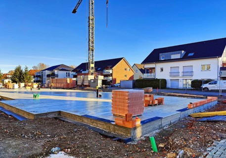 Construction site with finished cast foundation for an apartment building, Lippstadt, North