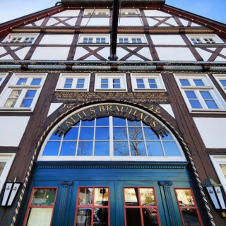 Beautiful door detail on the half-timbered Altes brewhouse in the historic city center of