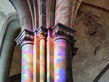Great St. Mary's Church, interior view with color spots on the pillars due to the incoming light of