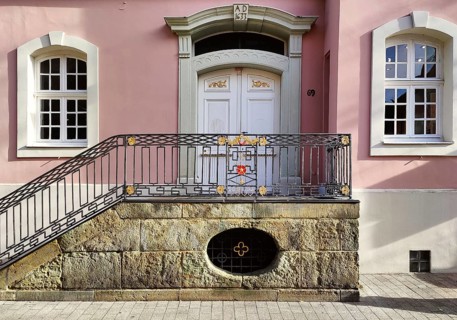 House detail, faÃ§ade with staircase and entrance door, Old Town, Lippstadt, North