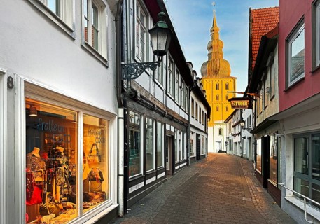 Great St. Mary's Church at sunrise at the end of Gasse Helle Halle, Lippstadt, North