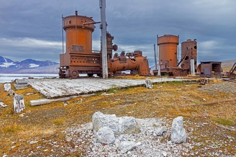 Steam engine at abandoned marble quarry Camp Mansfield, Ny London near Ny-Alesund,