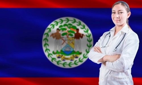 Female doctor on Belizean flag. Doctor with crossed arms on Belize flag. Belizean health and care