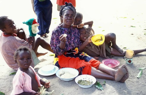 Local family eating, Kande, Malawi, Africa, July 2000, vintage, retro, old, historic