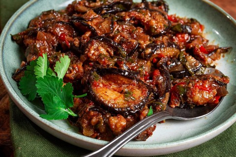Meat with eggplant, Georgian dish, homemade, no people