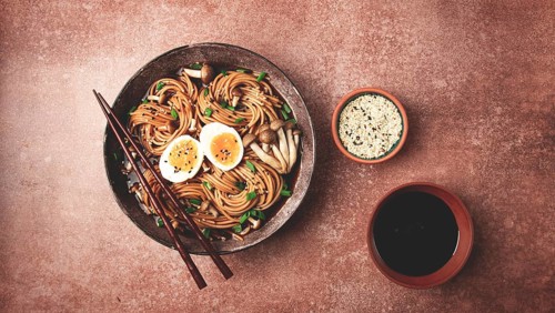 Buckwheat noodles, soba, with shimeji mushrooms, boiled egg, green onion, sesame seeds, homemade,
